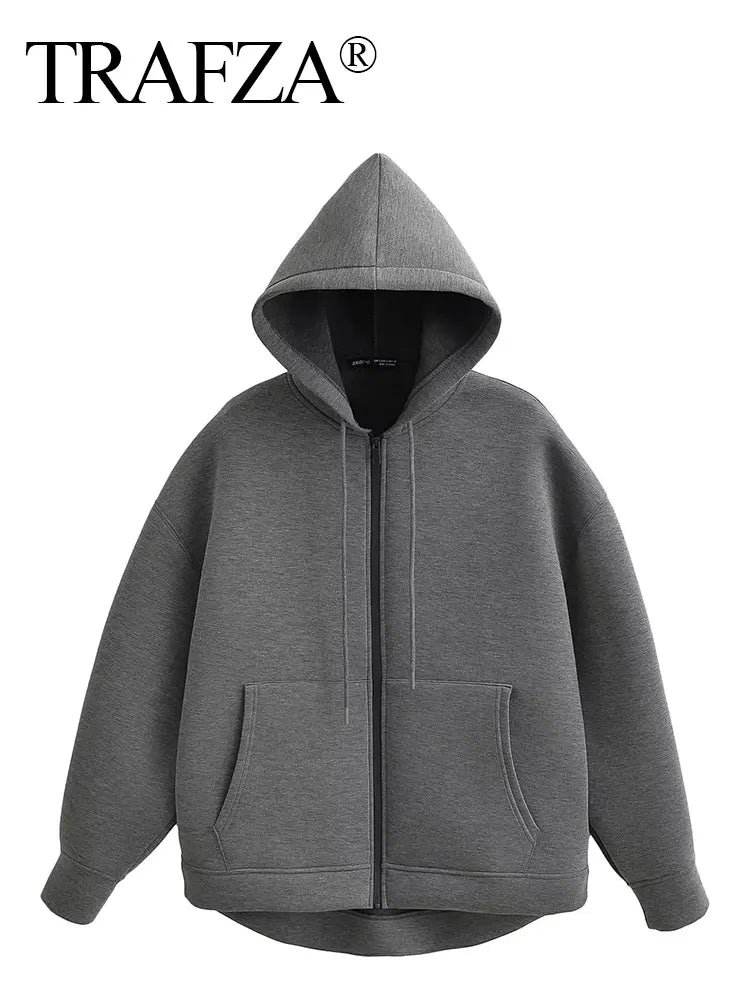 TRAFZA Autumn Women Gray Jacket With Hood Long Sleeve Big Pocket Zipper Jacket Coat Woman Loose Casual Outerwear Coat Tops - Avero