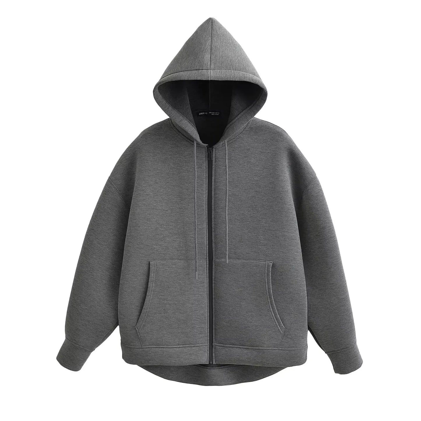 TRAFZA Autumn Women Gray Jacket With Hood Long Sleeve Big Pocket Zipper Jacket Coat Woman Loose Casual Outerwear Coat Tops - Avero