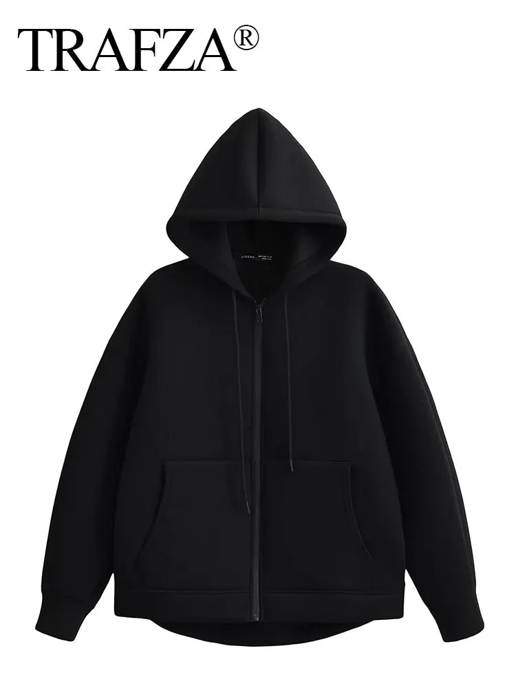 TRAFZA Autumn Women Gray Jacket With Hood Long Sleeve Big Pocket Zipper Jacket Coat Woman Loose Casual Outerwear Coat Tops - Avero