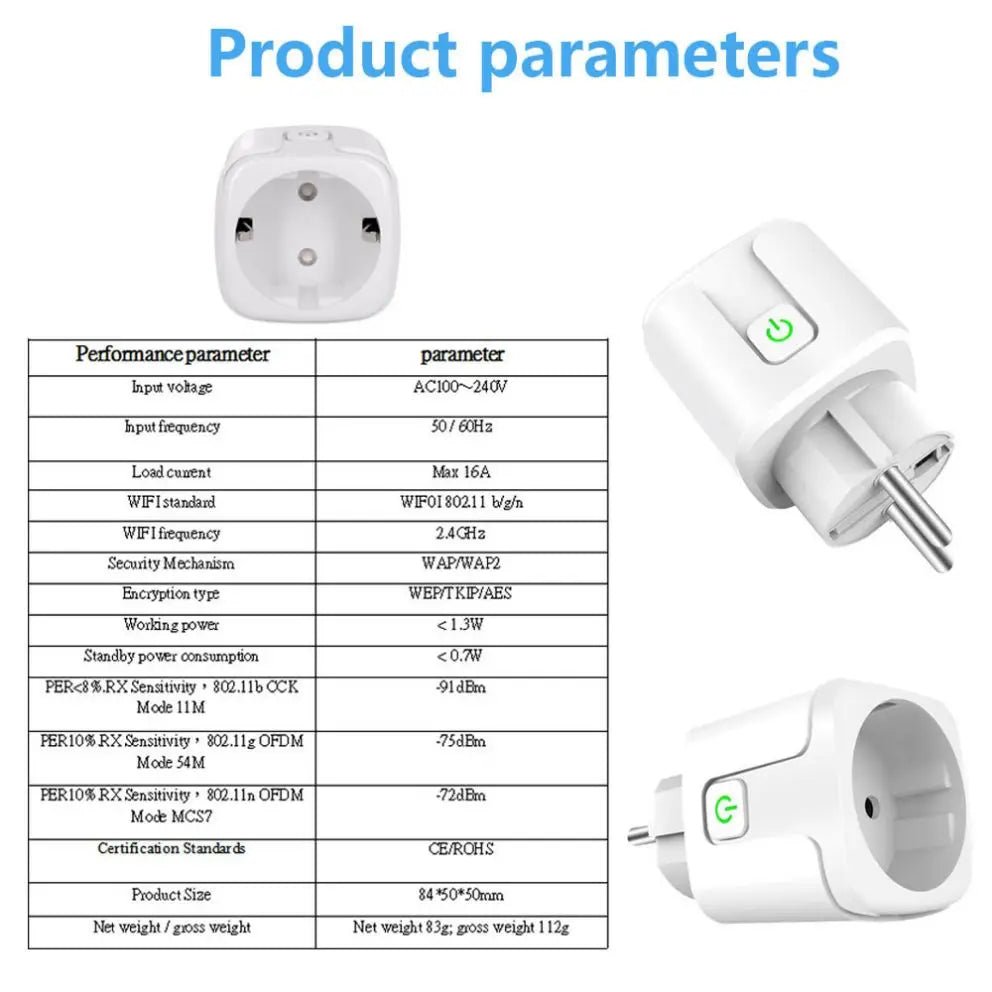 Tuya Smart Wifi Plug 20A Remote Control Smart Socket Outlet EU Power Monitor Timer Function Works with Alexa Google Home - Avero