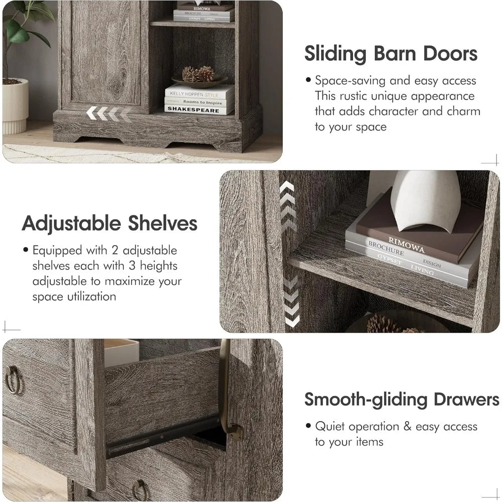 Vabches Dresser for Bedroom, 5 Drawers Dresser Organizer with Sliding Barn Door, 48 Tall Farmhouse Chest of Drawers, Wood Storag - Avero