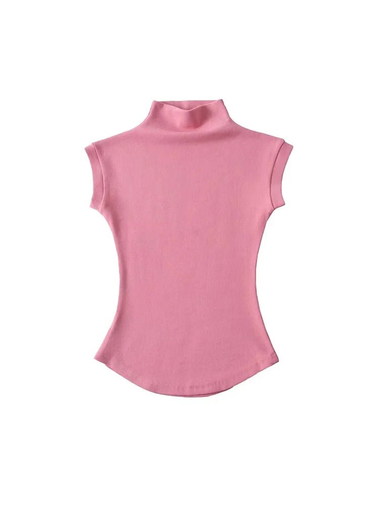 Women Summer Sexy Turtleneck Sleeveless T-Shirts Tops Solid Slim Fit Pullovers Causal Tees Shirts Female Streetwear Basics Tees - Avero