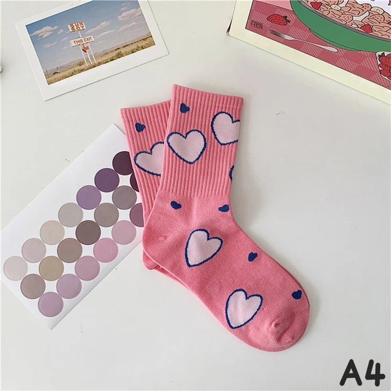 Women's Cute Korean Fashion Socks Love Heart Square Funny Casual Comfy Street Hip Hop Skateboard Daily Trendy Footwear - Avero