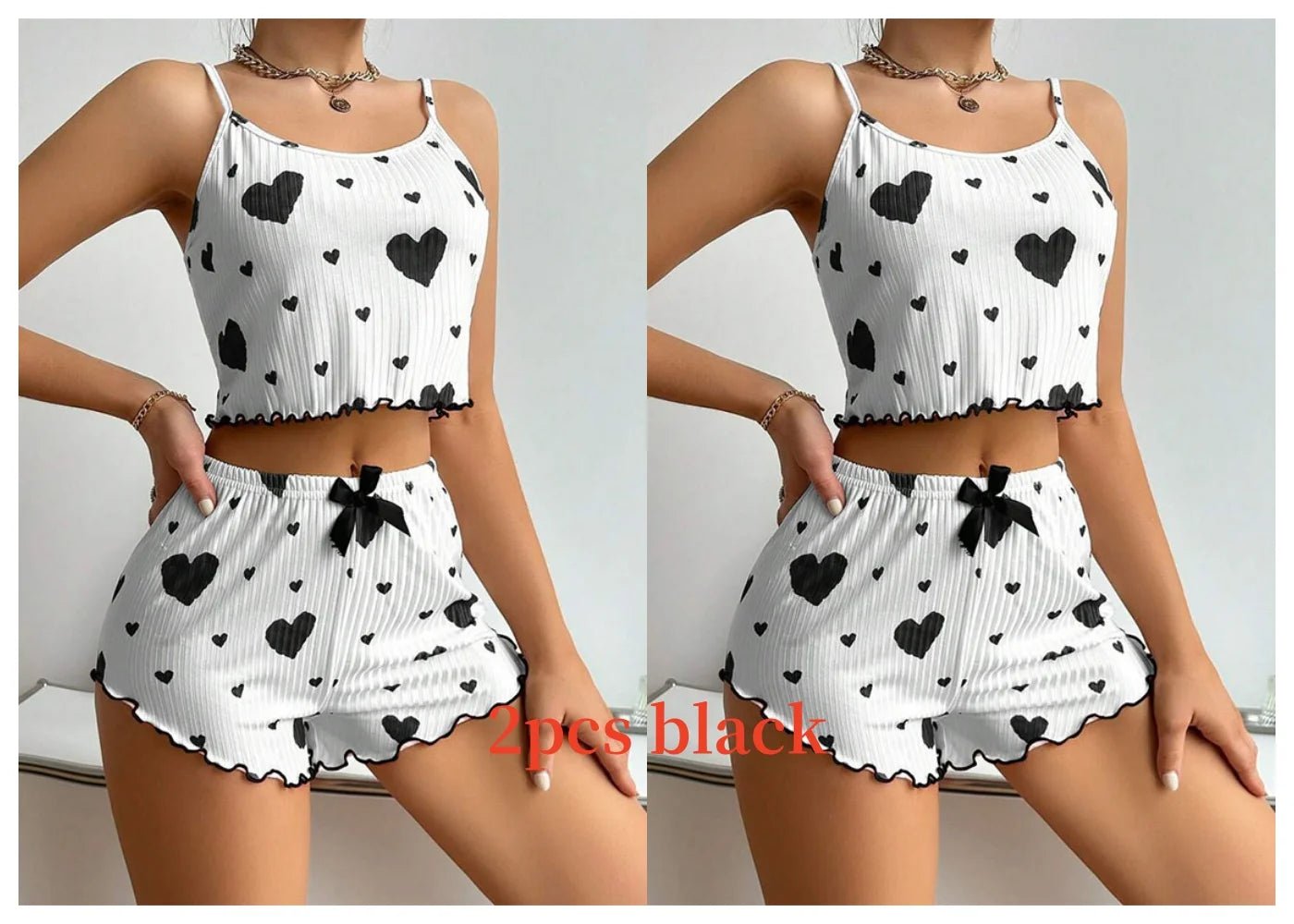 Women'S Pajamas Set Sleepwear 2 PCS Short Tank Tops and Shorts S M L White Ventilate Soft Casual Love Printing - Avero