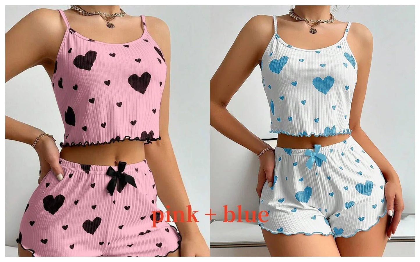 Women'S Pajamas Set Sleepwear 2 PCS Short Tank Tops and Shorts S M L White Ventilate Soft Casual Love Printing - Avero