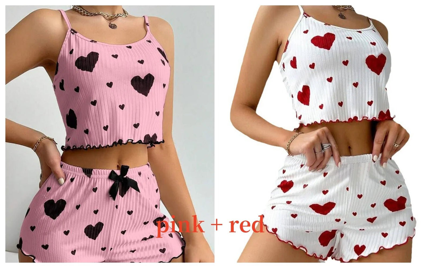 Women'S Pajamas Set Sleepwear 2 PCS Short Tank Tops and Shorts S M L White Ventilate Soft Casual Love Printing - Avero