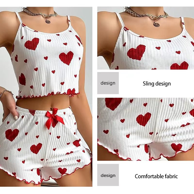 Women'S Pajamas Set Sleepwear 2 PCS Short Tank Tops and Shorts S M L White Ventilate Soft Casual Love Printing - Avero