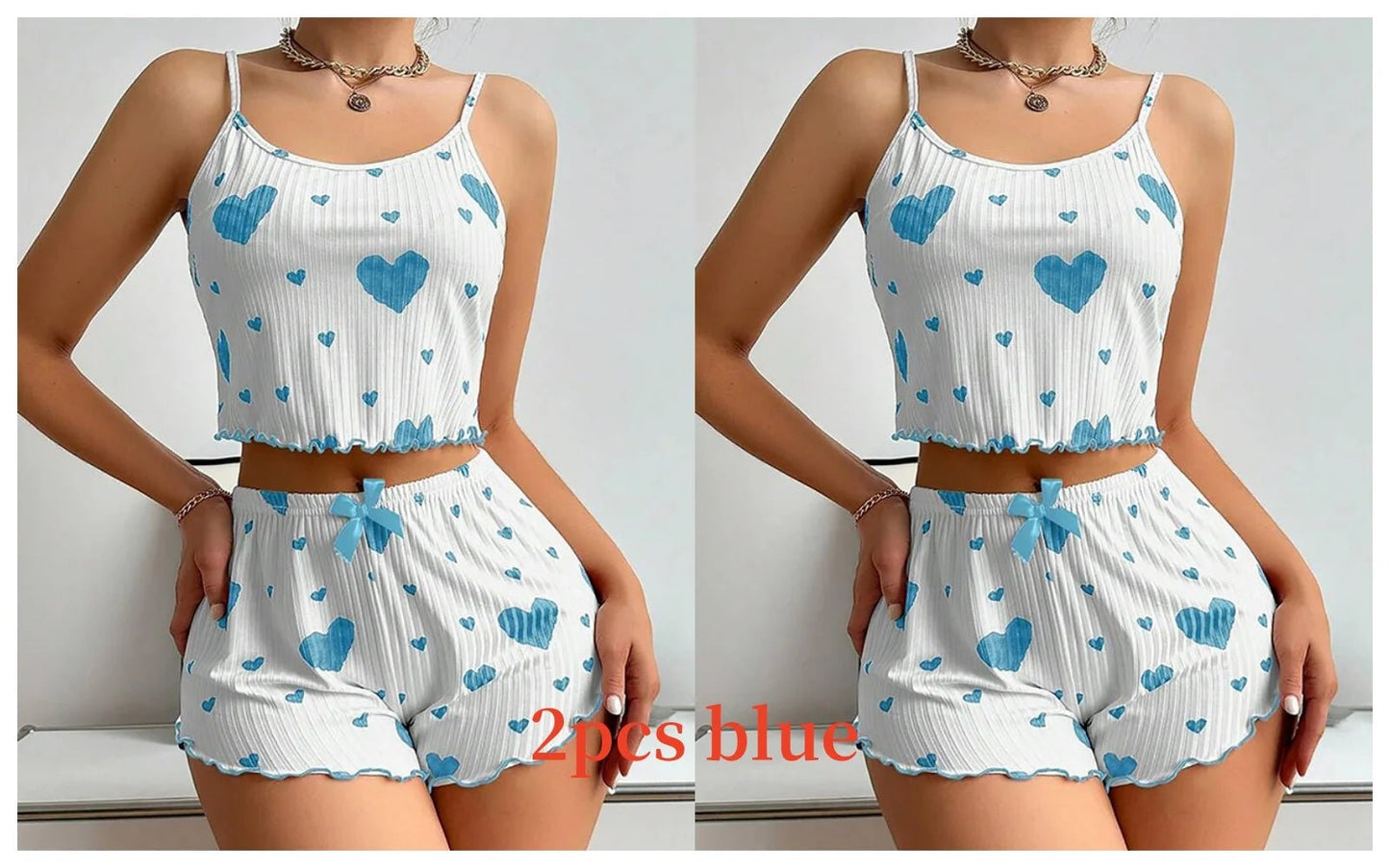 Women'S Pajamas Set Sleepwear 2 PCS Short Tank Tops and Shorts S M L White Ventilate Soft Casual Love Printing - Avero