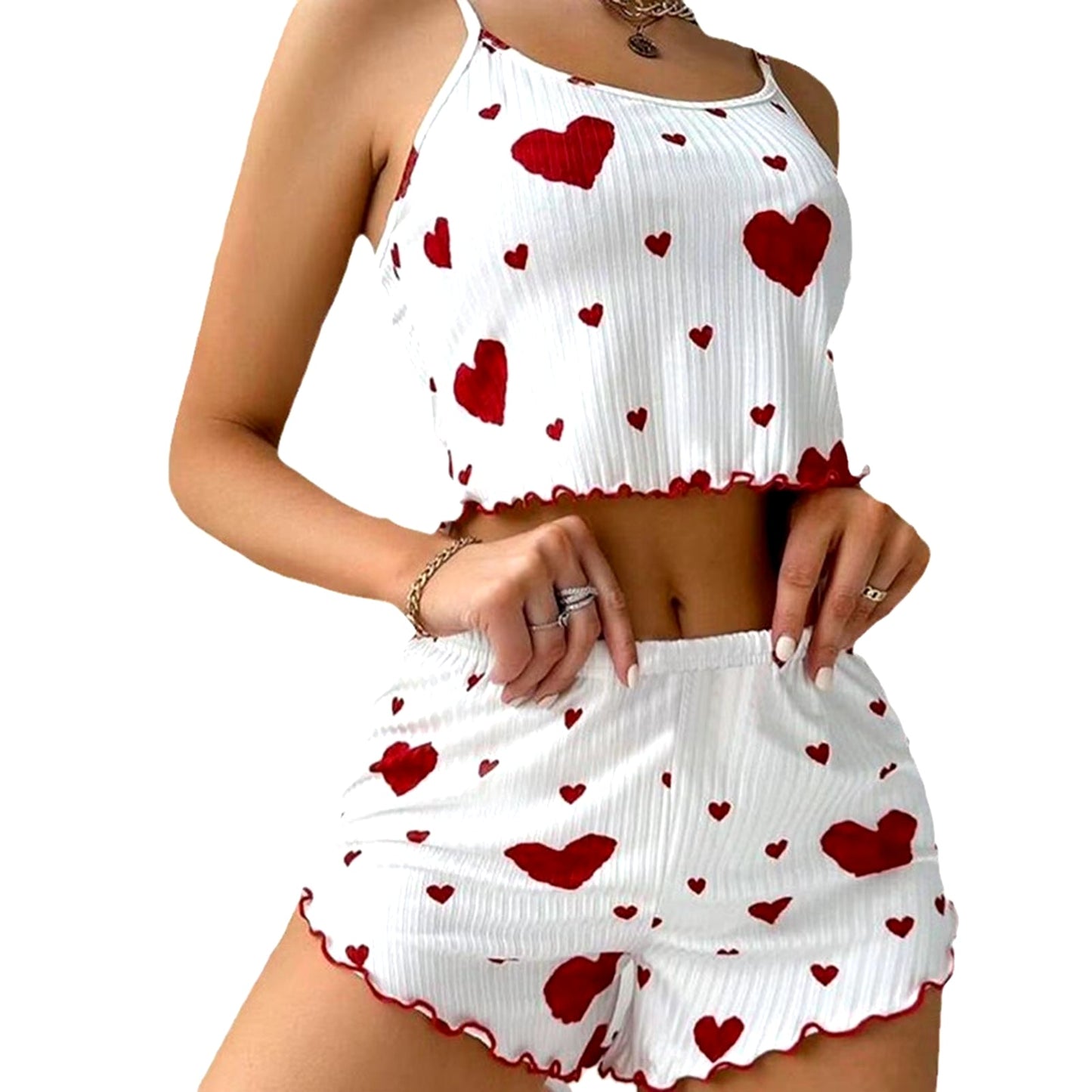 Women'S Pajamas Set Sleepwear 2 PCS Short Tank Tops and Shorts S M L White Ventilate Soft Casual Love Printing - Avero