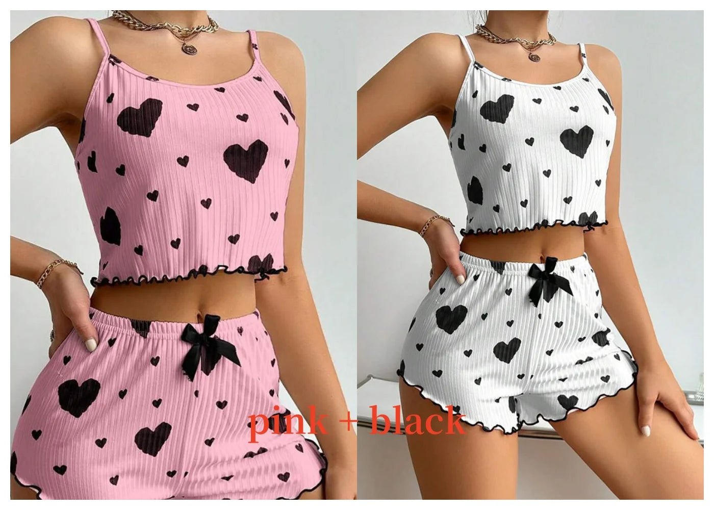 Women'S Pajamas Set Sleepwear 2 PCS Short Tank Tops and Shorts S M L White Ventilate Soft Casual Love Printing - Avero