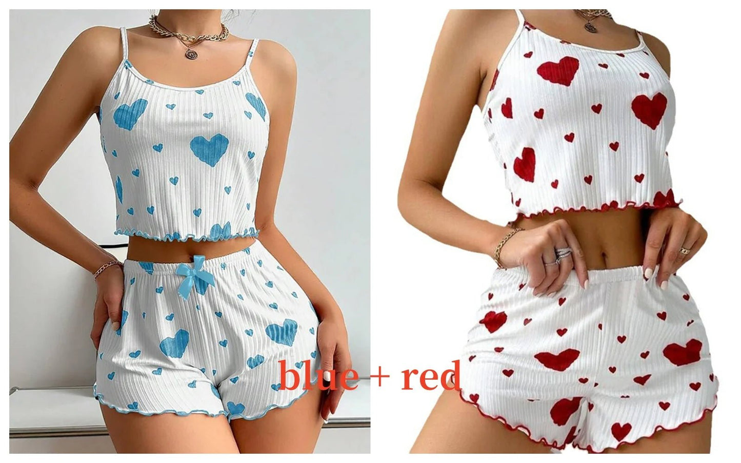 Women'S Pajamas Set Sleepwear 2 PCS Short Tank Tops and Shorts S M L White Ventilate Soft Casual Love Printing - Avero