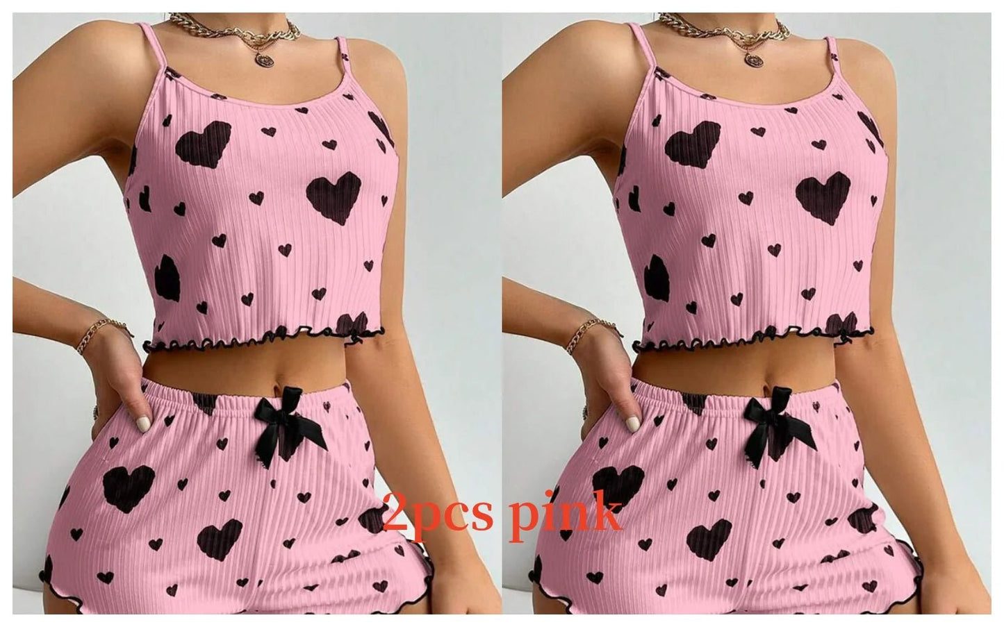 Women'S Pajamas Set Sleepwear 2 PCS Short Tank Tops and Shorts S M L White Ventilate Soft Casual Love Printing - Avero