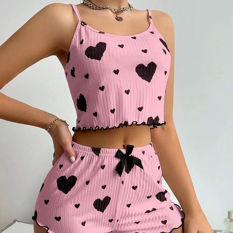 Women'S Pajamas Set Sleepwear 2 PCS Short Tank Tops and Shorts S M L White Ventilate Soft Casual Love Printing - Avero