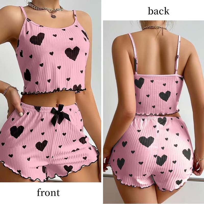 Women'S Pajamas Set Sleepwear 2 PCS Short Tank Tops and Shorts S M L White Ventilate Soft Casual Love Printing - Avero
