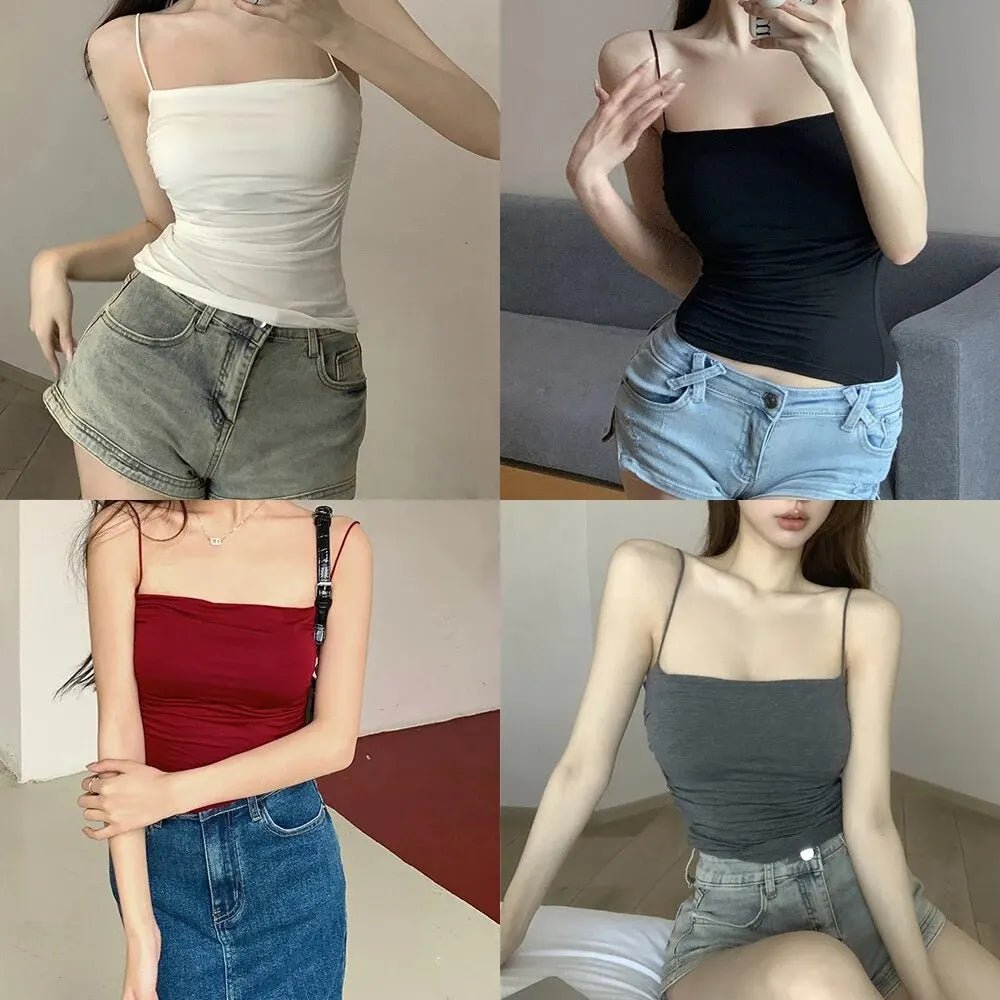 Women's Sleeveless Top Tank Underwear Fitted Camisole Sexy Short Top With Thin Straps Plain White Tank Top Korean Style - Avero