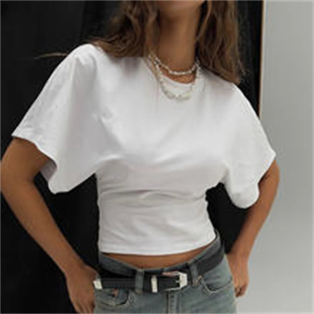 Women's Summer Loose Half Sleeve T-Shirt Tops O - Neck Waist Slimming Sweet Hottie Design Sense Positive Shoulder Chic Tees Top - Avero