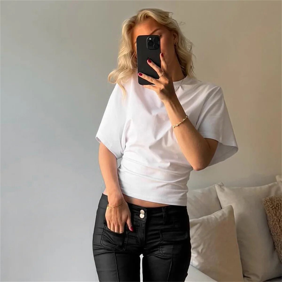 Women's Summer Loose Half Sleeve T-Shirt Tops O - Neck Waist Slimming Sweet Hottie Design Sense Positive Shoulder Chic Tees Top - Avero