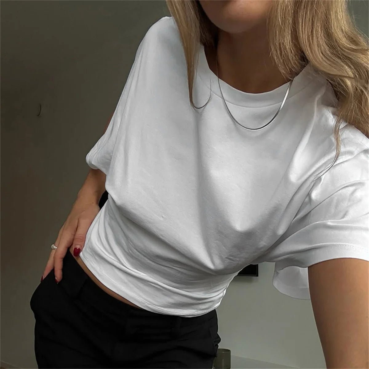 Women's Summer Loose Half Sleeve T-Shirt Tops O - Neck Waist Slimming Sweet Hottie Design Sense Positive Shoulder Chic Tees Top - Avero