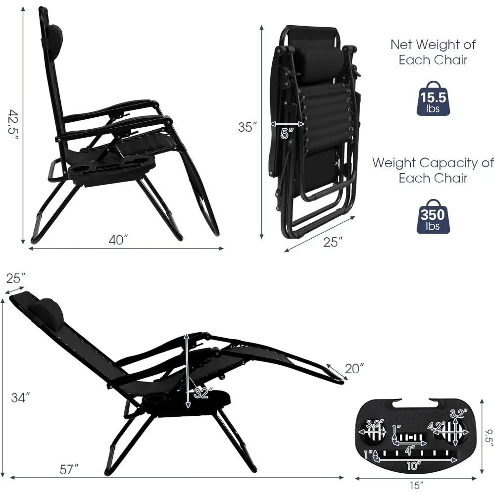 Zero Gravity Lounge Chairs, 160°Adjustable Folding Recliner w/Pillow and Cup Holder, 350LBS Comfy Outdoor Lounge Chairs for Pat - Avero