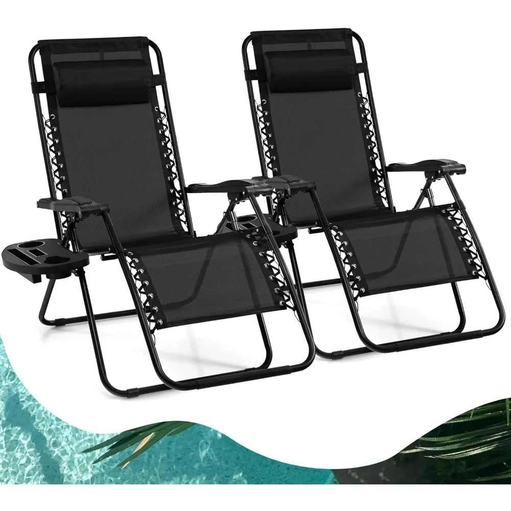 Zero Gravity Lounge Chairs, 160°Adjustable Folding Recliner w/Pillow and Cup Holder, 350LBS Comfy Outdoor Lounge Chairs for Pat - Avero