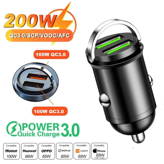 100W/200W QC3.0 PD Mini Car Charger 12 - 24V Lighter Fast Charging Car USB Type C Charger for Xiaomi Samsung Huawei iPhone Power - Avero