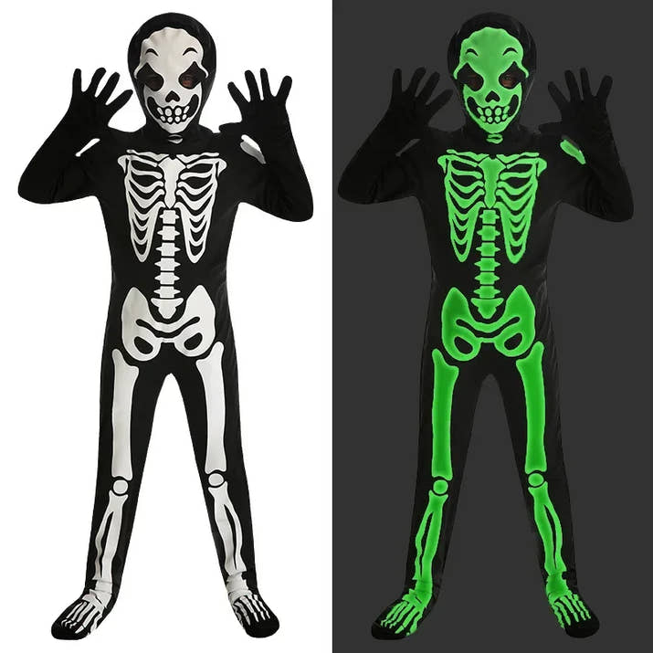 Kids Halloween Skeleton Costume for Boys and Girls Glow in the Dark Skeleton Jumpsuit Stage Performance Bodysuit Costumes