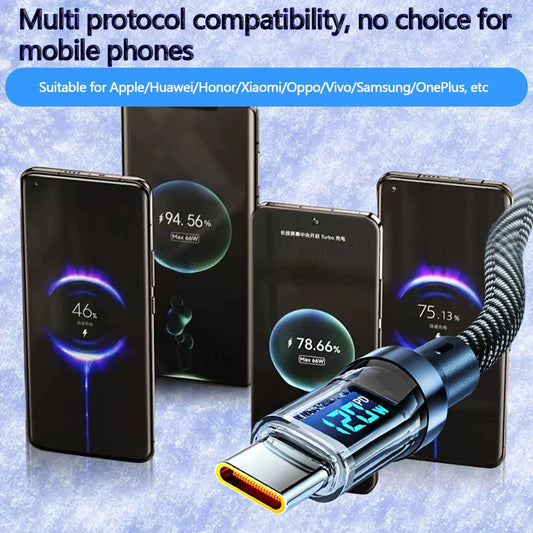 120W USB to Type C Cable Phone Super Fast Charging Cable With LED Display 100W Type - C To Type - C Data Cord For Huawei Oppo Vivo - Avero