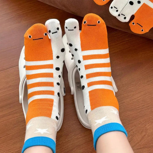 1/2Pairs Women Split 2 - Toe Socks Breathable Cotton Socks Elastic Moisture Wicking Soft Cartoon Print Flip Flop Cotton Socks - Avero