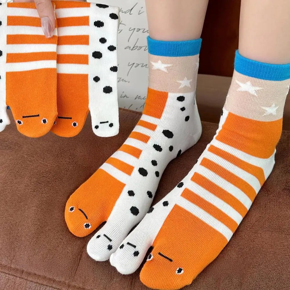 1/2Pairs Women Split 2 - Toe Socks Breathable Cotton Socks Elastic Moisture Wicking Soft Cartoon Print Flip Flop Cotton Socks - Avero