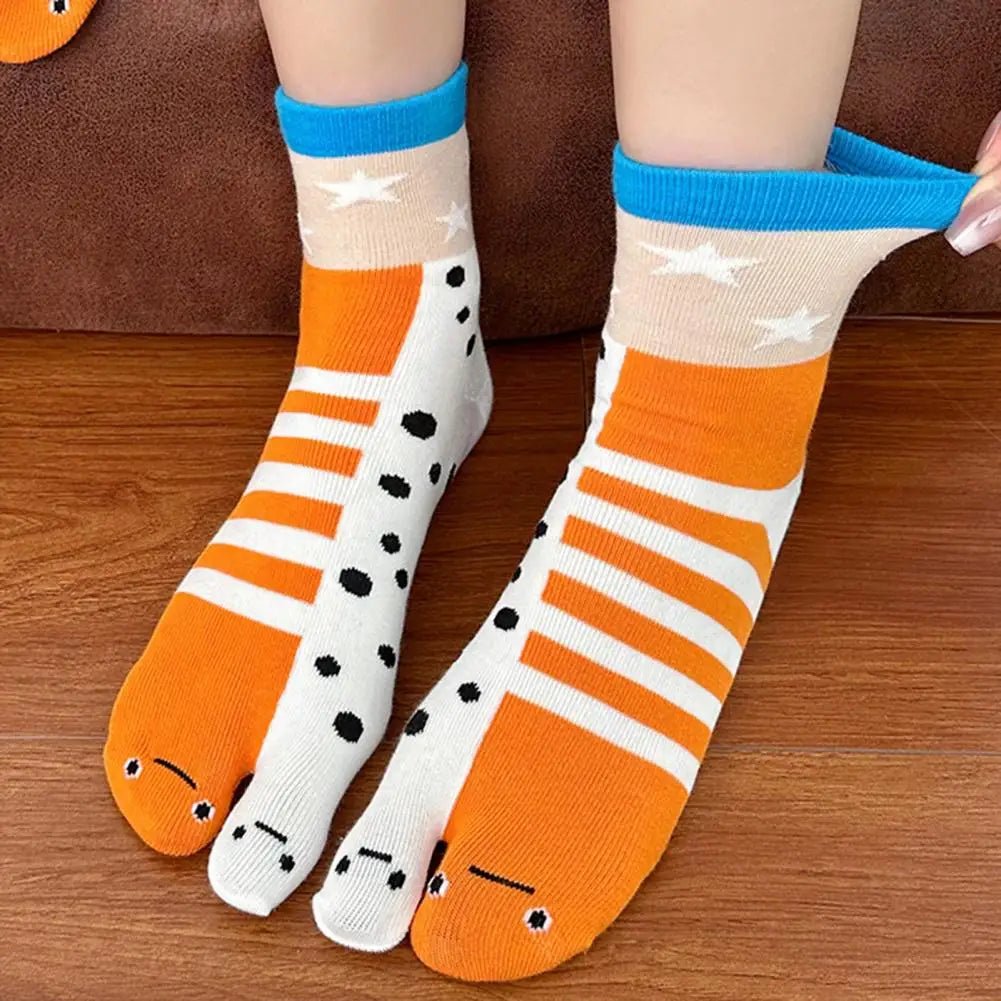 1/2Pairs Women Split 2 - Toe Socks Breathable Cotton Socks Elastic Moisture Wicking Soft Cartoon Print Flip Flop Cotton Socks - Avero