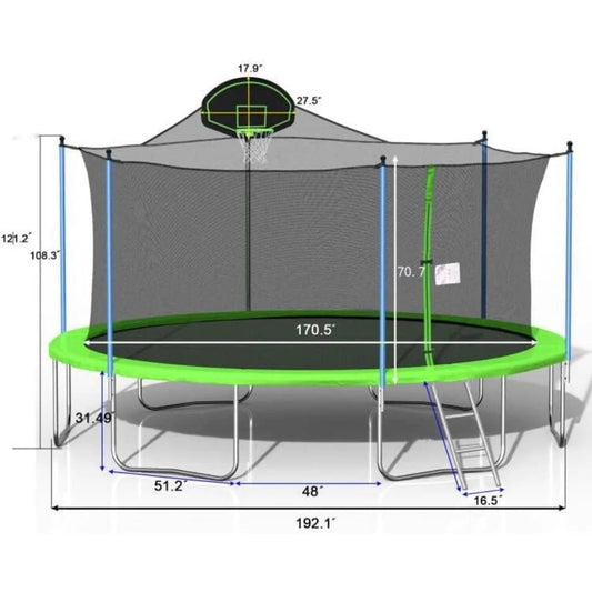 1500 LBS 16FT Outdoor Trampoline with Safety Enclosure Net, Backyard Recreational Heavy - Duty Trampoline for Kids Adult - Avero