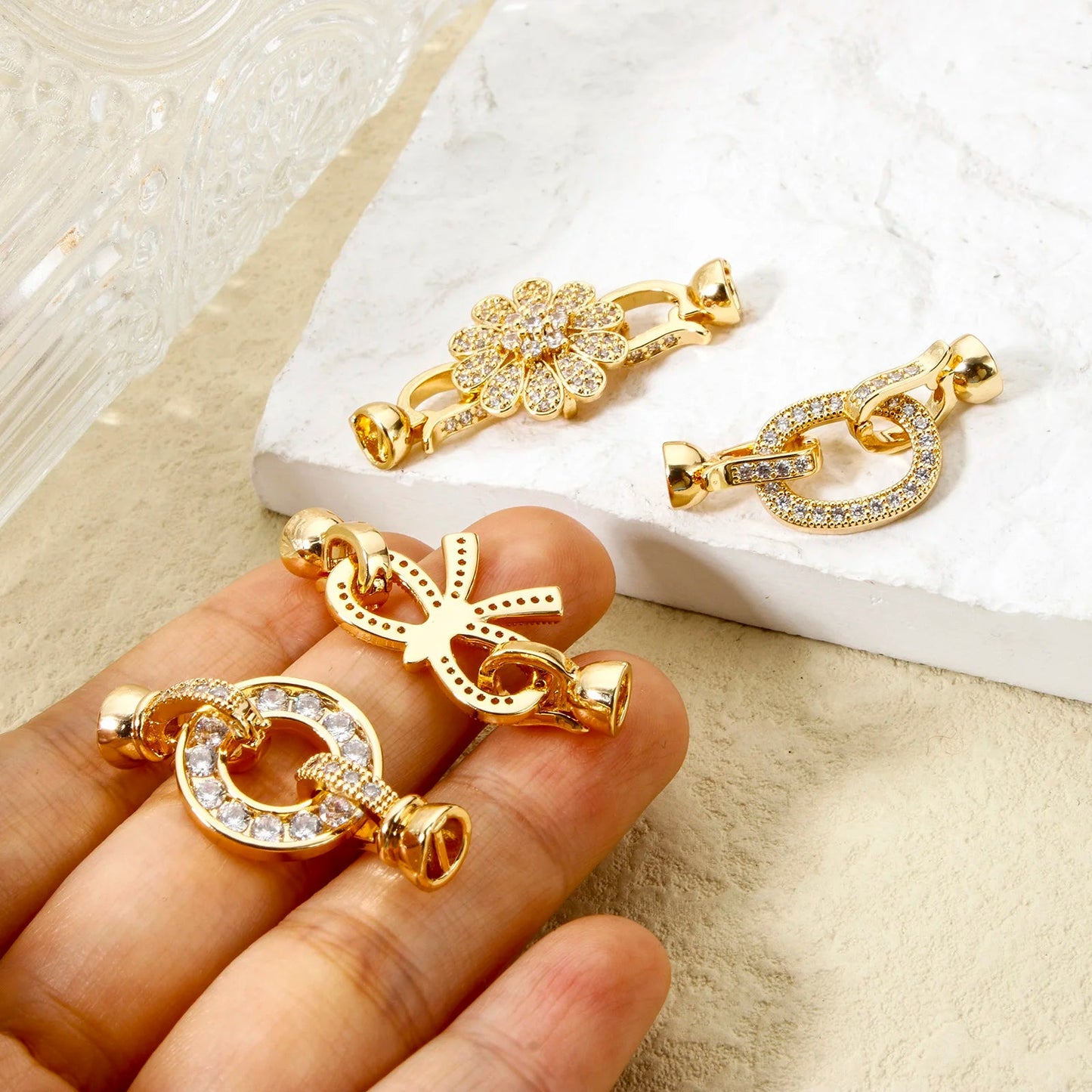1pc Brass Fold Over Clasps Gold Color Round Flower Bowknot Clear Cubic Zirconia Charms DIY Necklace Bracelet Jewelry Findings - Avero