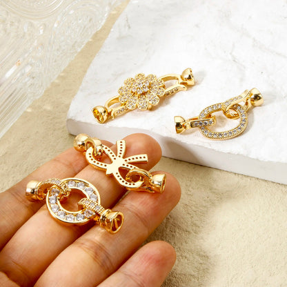 1pc Brass Fold Over Clasps Gold Color Round Flower Bowknot Clear Cubic Zirconia Charms DIY Necklace Bracelet Jewelry Findings - Avero