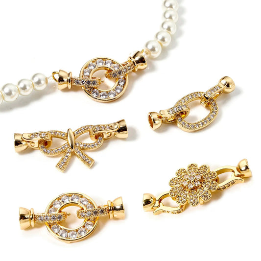 1pc Brass Fold Over Clasps Gold Color Round Flower Bowknot Clear Cubic Zirconia Charms DIY Necklace Bracelet Jewelry Findings - Avero