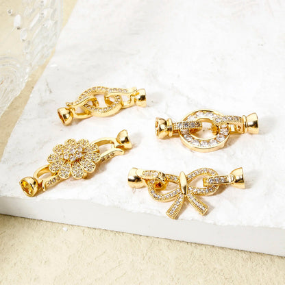 1pc Brass Fold Over Clasps Gold Color Round Flower Bowknot Clear Cubic Zirconia Charms DIY Necklace Bracelet Jewelry Findings - Avero