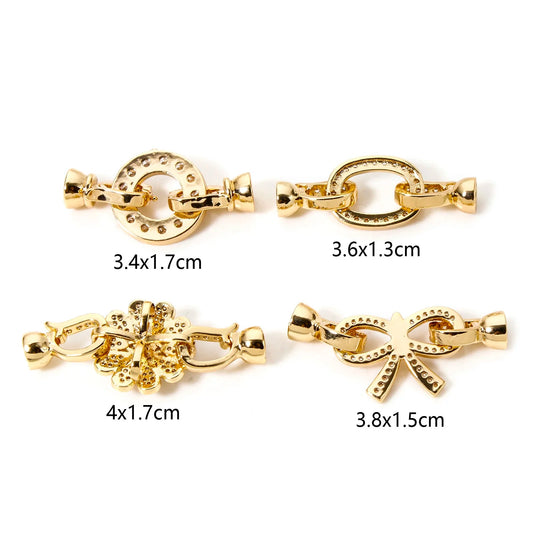 1pc Brass Fold Over Clasps Gold Color Round Flower Bowknot Clear Cubic Zirconia Charms DIY Necklace Bracelet Jewelry Findings - Avero
