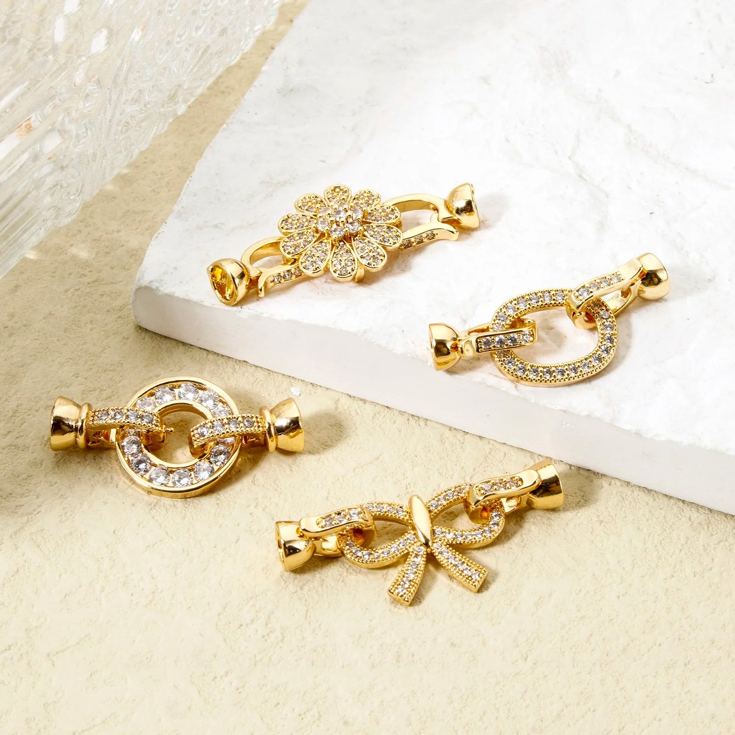 1pc Brass Fold Over Clasps Gold Color Round Flower Bowknot Clear Cubic Zirconia Charms DIY Necklace Bracelet Jewelry Findings - Avero