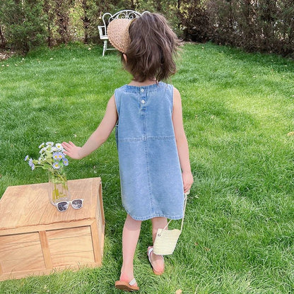 2 3 4 5 6 7 8 9 Year Old Kids Baby Sleeveless Denim Vest Dress For Girl Casual Sleeveless Vintage Blue Jeans Dresses With Pocket - Avero