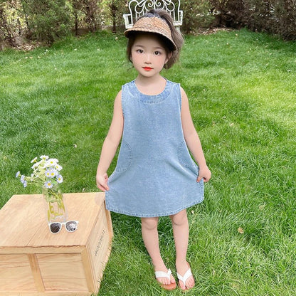 2 3 4 5 6 7 8 9 Year Old Kids Baby Sleeveless Denim Vest Dress For Girl Casual Sleeveless Vintage Blue Jeans Dresses With Pocket - Avero