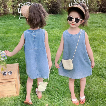 2 3 4 5 6 7 8 9 Year Old Kids Baby Sleeveless Denim Vest Dress For Girl Casual Sleeveless Vintage Blue Jeans Dresses With Pocket - Avero