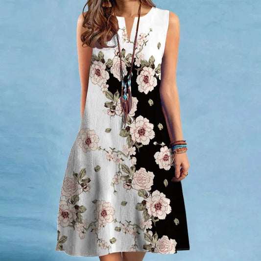 2024 European and American Cross Border Women's New Dress V - neck Sleeveless Sexy Printed Large Hem Foreign Trade Dress - Avero