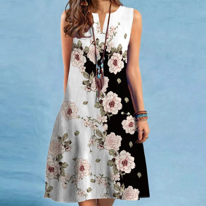 2024 European and American Cross Border Women's New Dress V - neck Sleeveless Sexy Printed Large Hem Foreign Trade Dress - Avero