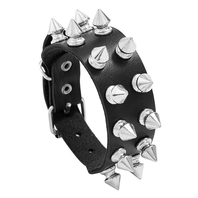 2024 Pu Leather Studded Bracelet Choker Punk Spike Rivets Cuff Black Wristband Adjustable Cuff Bangle - Avero