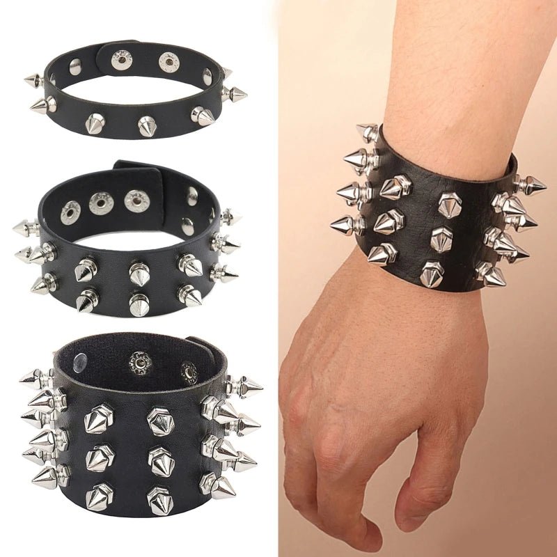 2024 Pu Leather Studded Bracelet Choker Punk Spike Rivets Cuff Black Wristband Adjustable Cuff Bangle - Avero