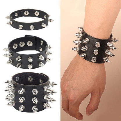 2024 Pu Leather Studded Bracelet Choker Punk Spike Rivets Cuff Black Wristband Adjustable Cuff Bangle - Avero