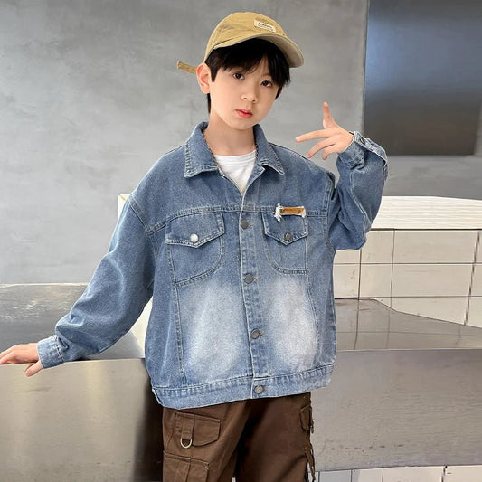 2025 Spring Autumn Children Blue Washed Denim Jacket For Boys Loose Long Sleeve Button Up Back Pockets Fashion Jeans Jacket Coat - Avero