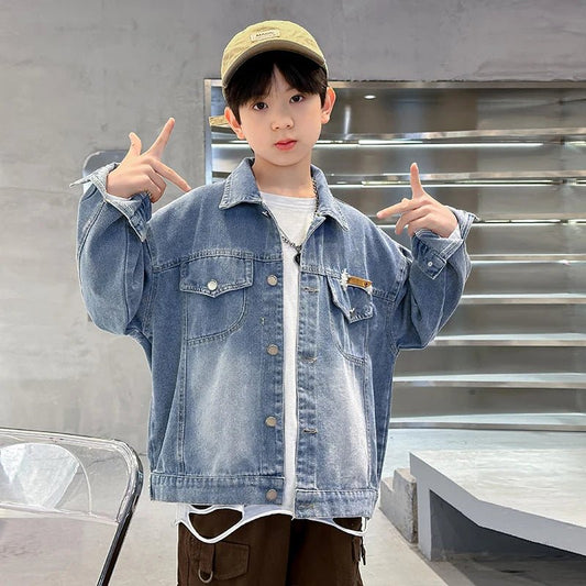 2025 Spring Autumn Children Blue Washed Denim Jacket For Boys Loose Long Sleeve Button Up Back Pockets Fashion Jeans Jacket Coat - Avero
