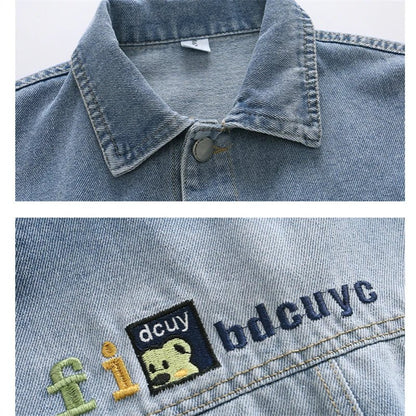 2025 Spring Autumn Children Blue Washed Denim Jacket For Boys Loose Long Sleeve Button Up Back Pockets Fashion Jeans Jacket Coat - Avero