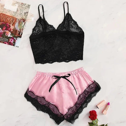 2025 Summer 2 Pcs Women's New Sexy Lace See - Through Pajamas Black Pink Cute Clothes Comfortable Breathable Suspender Shorts Set - Avero