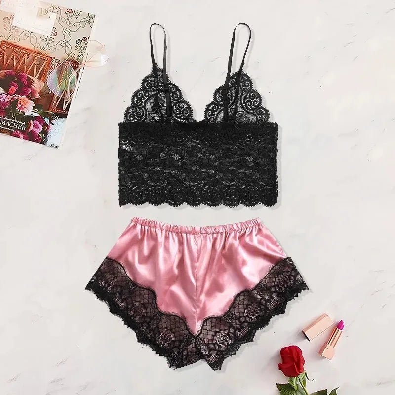 2025 Summer 2 Pcs Women's New Sexy Lace See - Through Pajamas Black Pink Cute Clothes Comfortable Breathable Suspender Shorts Set - Avero